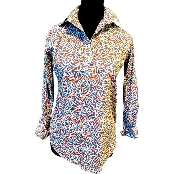 Ann Mashburn Tomboy Blue Floral Popover Shirt Size Small Blue Red Preppy Top - Picture 3 of 6